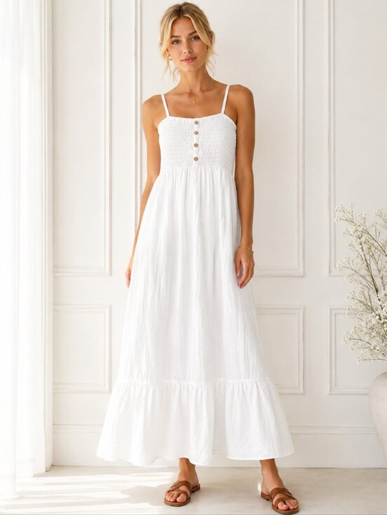 AUW Dresses & Skirts - AUW White Smocked Maxi Dress Size M | Cottagecore Boho Lined Summer Sundress
